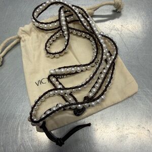 Victoria Emerson White Pearl and Brown Leather Wrap Bracelet